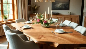 Admire the stunning Massiver Eiche Esstisch showcasing its live edge design in a cozy dining setting.