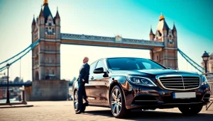 Experience luxury with a london chauffeur in a stylish black car against famous London landmarks.