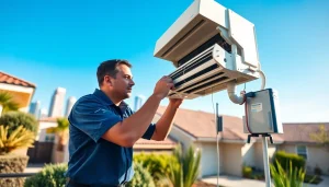 Get reliable ac repair phoenix az from a professional technician inspecting an air conditioning unit.
