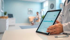 Display the features of eprescribing software in a professional healthcare setting with a physician using a tablet.